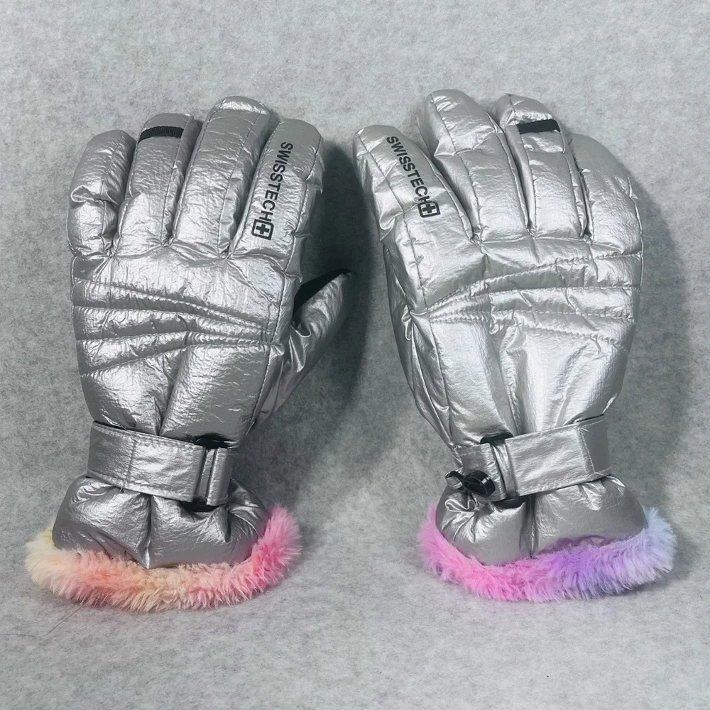 Swiss Tech Girls Rainbow Powder Muff‎ SILVER METALLIC Winter Gloves L/XL